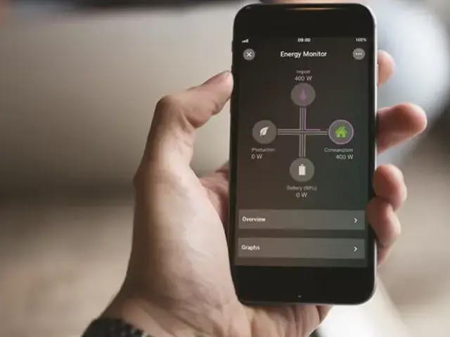 smart home energy management dashboard showing battery storage and consumption