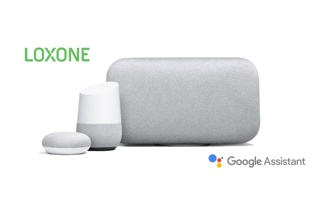 Range of google home devices with Loxone and Google Assistant logos