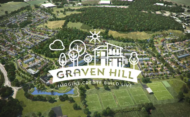 Graven Hill logo with aerial photo of graven hill