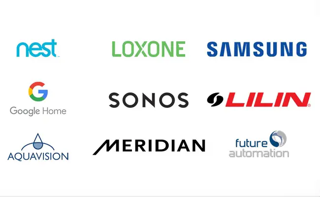 Varous smart home brand logos including loxone, google home