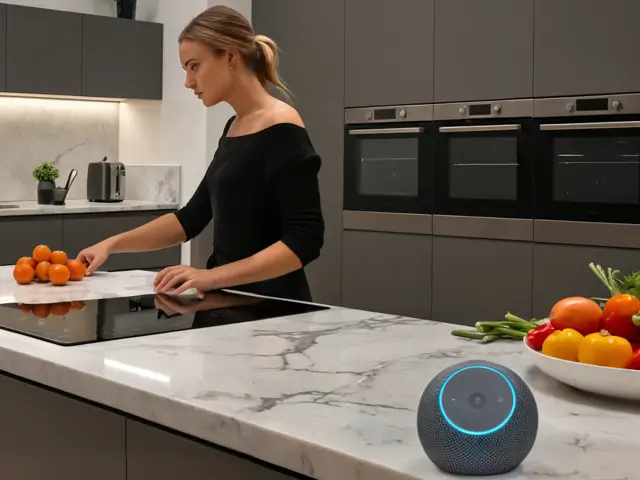 woman in the kitchen with amazon alexa responding to her voice command
