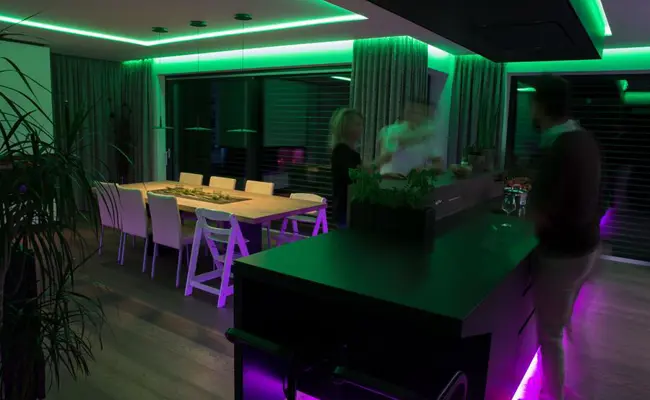 Smart kitchen with ribrant purple and green lighting