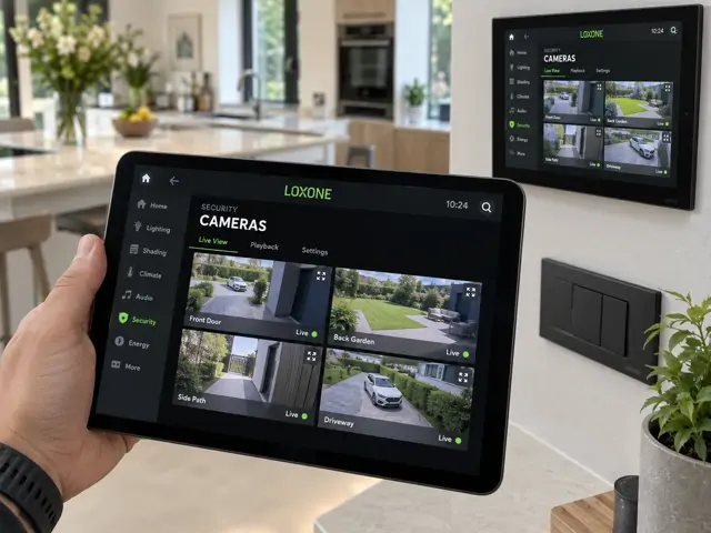 Live CCTV camera feeds displayed in the Loxone smart home app on a wall-mounted tablet