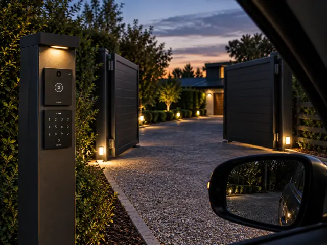 Automated driveway gates with integrated intercom at a UK property