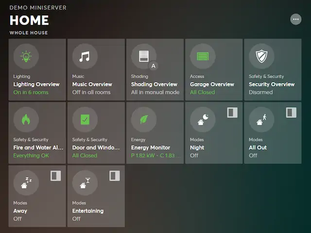 a demo loxone miniserver dashboard showing various security and alarm statuses