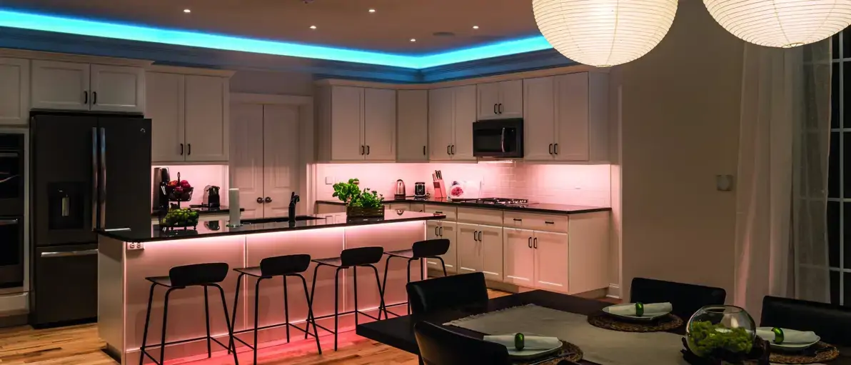 modern kitchen with rgbw led lighting in a professionally automated home