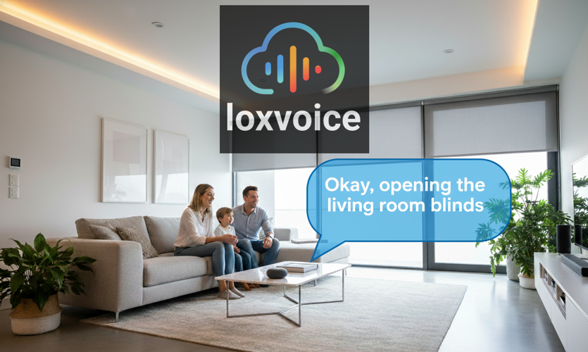 loxvoice logo with picture of family in modern living room using google home