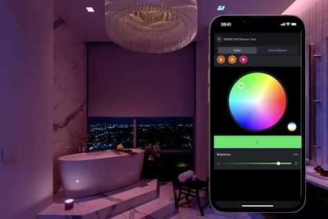 Bathroom with romantic purple lighting and loxone app showing lighting control