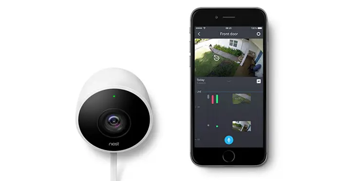 Nest external camera with phone showing nest app