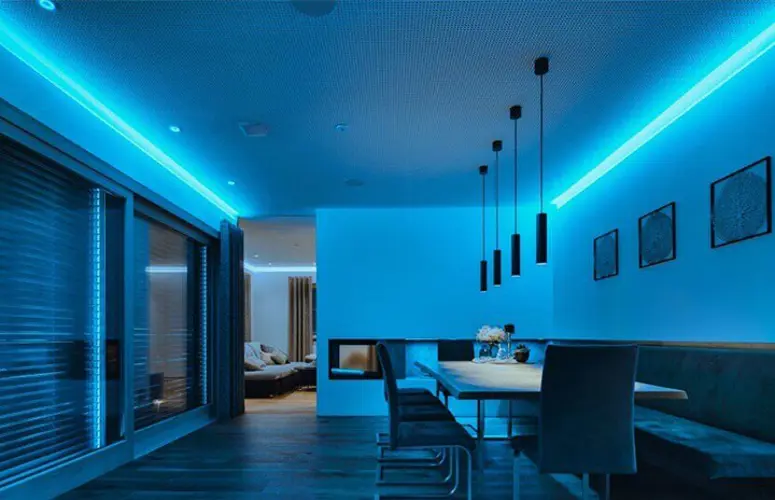 Smart home interior with blue lighting