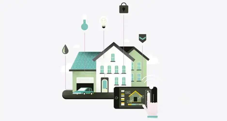 Illistration of house with icons showing smart home features