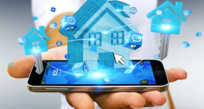 Hand holding smart phone with icons for smart home apps flying out