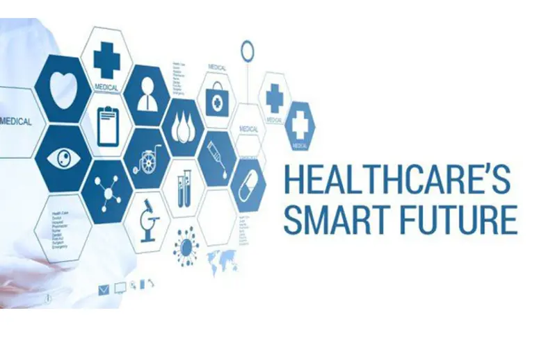 Medical icons behind the text Healthcare's smart future