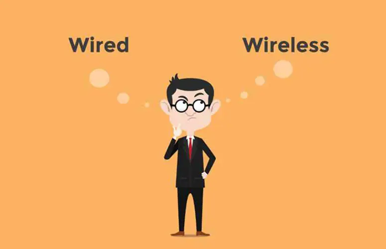 Cartoon man deciding between wired or wireless